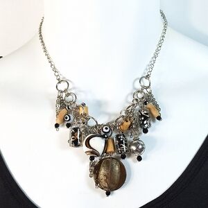 Silver Tone Wood Murano Glass Bead Charm Necklace